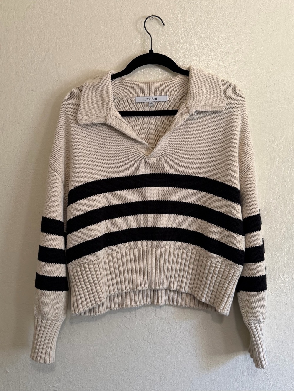 Joes Cream and Black Striped V-Neck Collared Sweater
